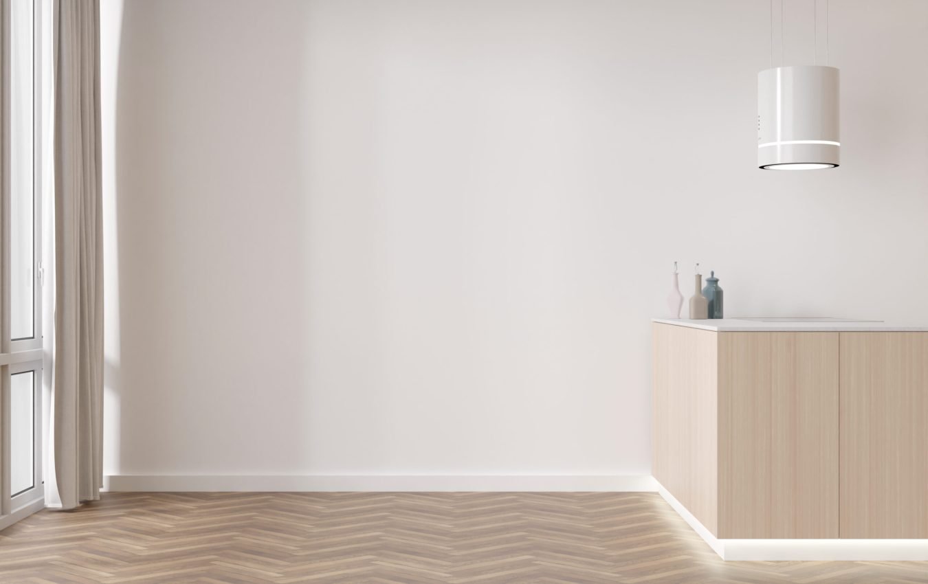 Room with parquet floor, white wall and empty space. Kitchen furniture. Mock up interior. Free, copy space for your furniture, picture, decoration and other objects. 3D rendering